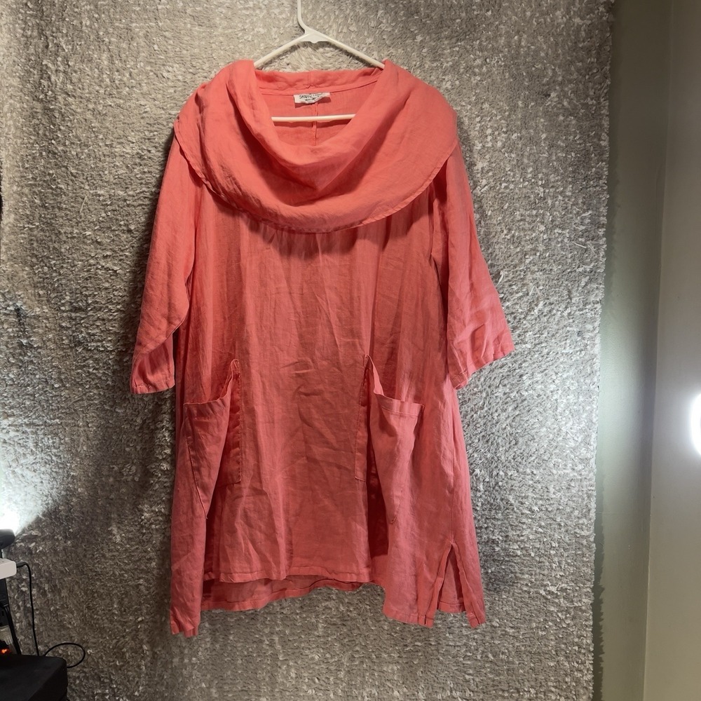 Linen Cowl Neck Dress Lagenlook Bohemian Pink‎ S 3/4 Sleeve By Snappy Turtle